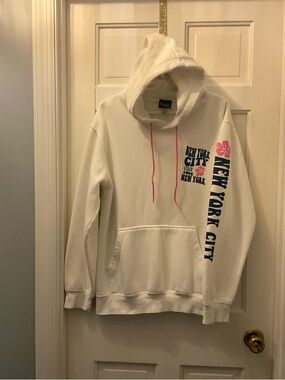 White 'New York City' Graphic Hoodie with Pink Accents